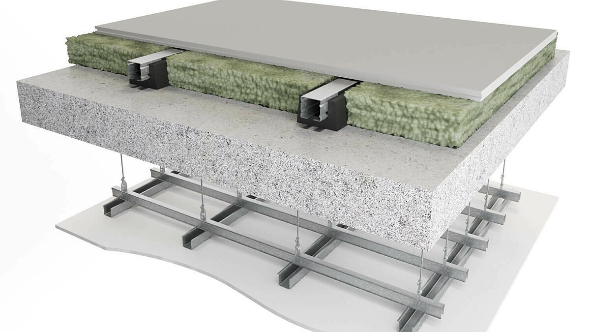 Cross section rendering of Secura™ Interior Flooring Fire & Acoustic System suspended ceiling layers
